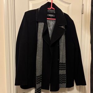 Kenneth Cole Reaction Black Pea Coat with Gray Scarf